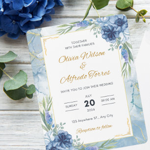 Blue and Gold Floral Wedding Kaart