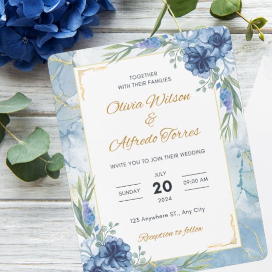 Blue and Gold Floral Wedding Kaart