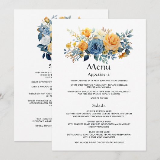 Blue and Gold Floral Wedding Menu (Voorkant / Achterkant)