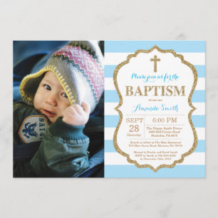Blue and Gold Glitter Baptism Invitation Kaart