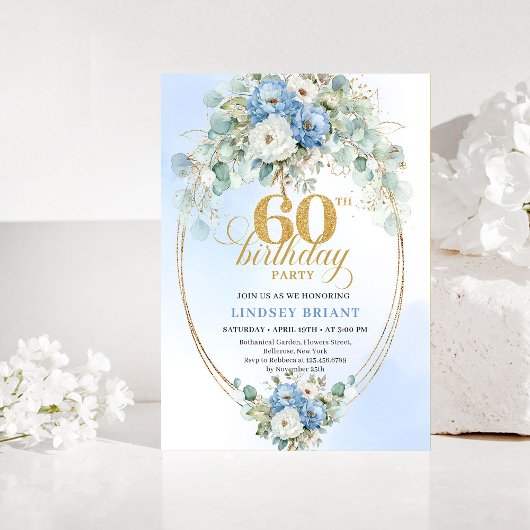 Blue and Gold Greenery 60th Birthday Invitation Kaart