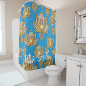 Blue and Gold Lotus Pattern met aangepaste naam Douchegordijn (In situ)