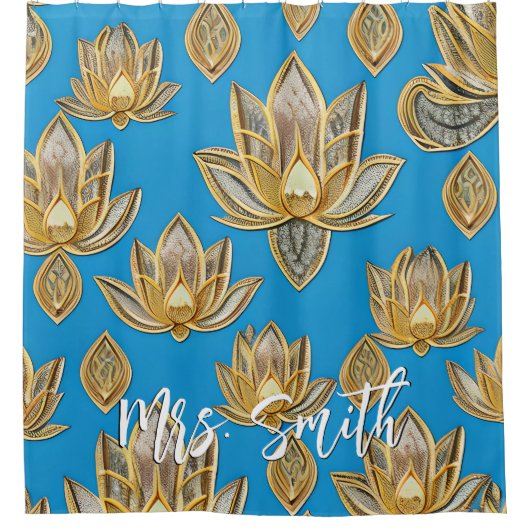 Blue and Gold Lotus Pattern met aangepaste naam Douchegordijn (Voorkant)