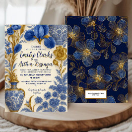 Blue and Gold Luxury Floral Wedding Invitation  Kaart