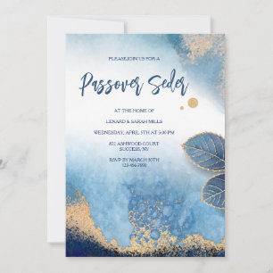 Blue and Gold Modern Passover Invitation Kaart