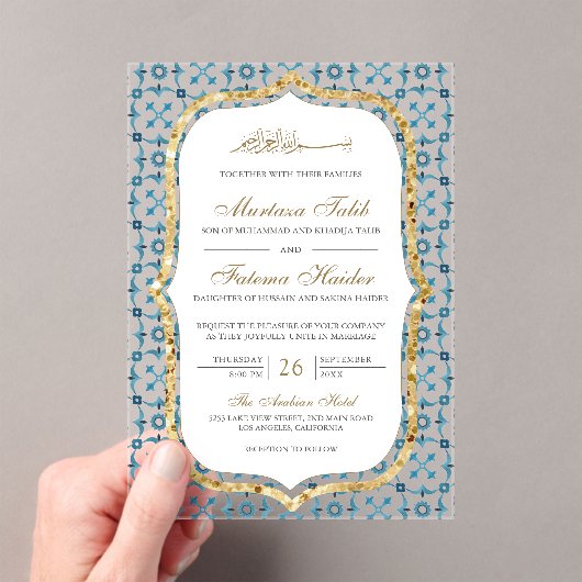 Blue and Gold Moroccan Tile Islamic Wedding Acryl Uitnodigingen (Insitu (Draagbaar))