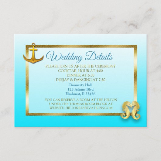 Blue and Gold Nautical Wedding Details Kaart (Voorkant)