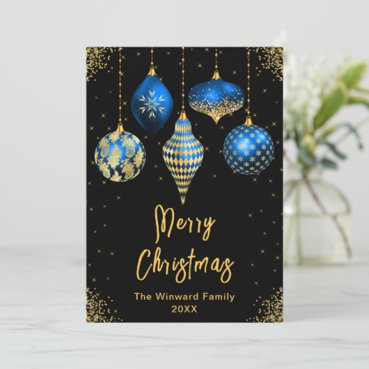 Blue and Gold Ornaments Merry Christmas Feestdagenkaart (Staand voorkant)