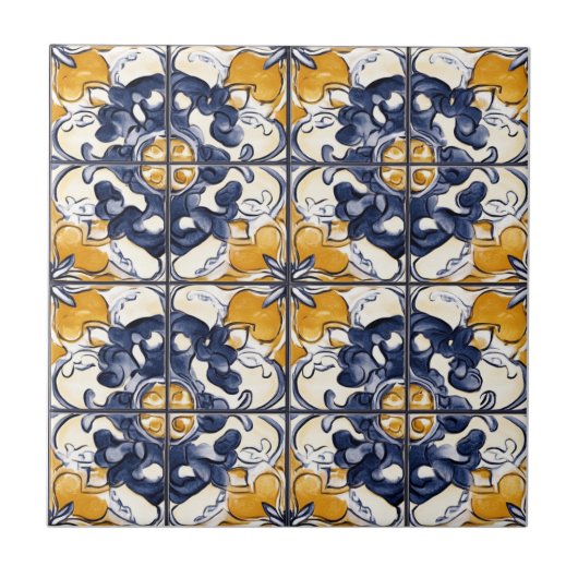 Blue and Gold Pattern Ceramic Tile Tegeltje (Voorkant)