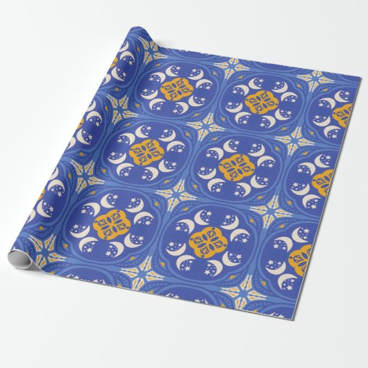 Blue and gold patterned geometric  cadeaupapier (Uitgerold)