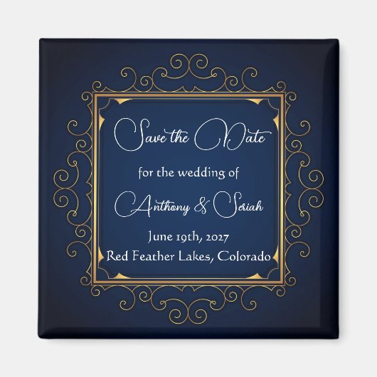Blue and gold "save the date" magnet (Devant)