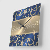 Blue and Gold Time Flies Clock Vierkante Klok (Hoek)