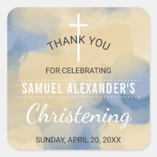 Blue and Gold Waterverf Boy Christening Hartelijk  Vierkante Sticker
