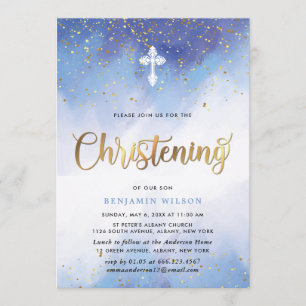 Blue and Gold Waterverf Boy Christening Kaart