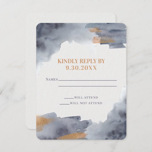 Blue and Gold Waterverf Swash Wedding RSVP-kaart RSVP Kaartje (Voorkant / Achterkant)