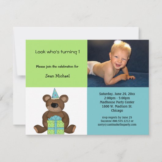 Blue and Green Birthday Teddy Bear Invitation Kaart (Voorkant)