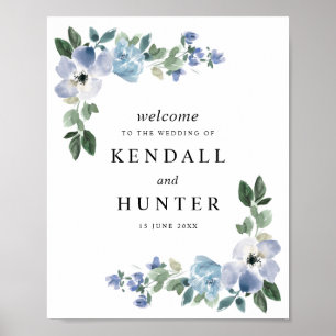 Blue and green floral wedding sign poster
