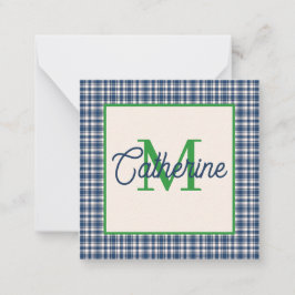 Blue and Green Gingham Plaid Tartan Monogram Notitiekaartje