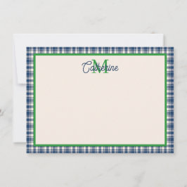 Blue and Green Gingham Plaid Tartan Monogram Notitiekaartje