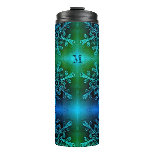 Blue and Green Snowflake Monogram Thermal Tumbler Thermosbeker (Voorkant)