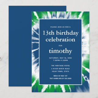 Blue and Green Tie Dye Birthday Invitation Kaart