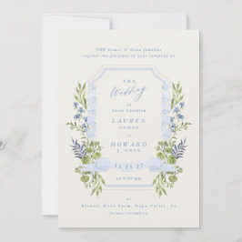 blue and greenery all in one RSVP DETAILS wedding Kaart