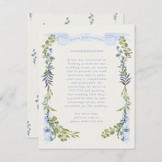 blue and greenery garden crest wreath wedding informatiekaartje (Voorkant / Achterkant)