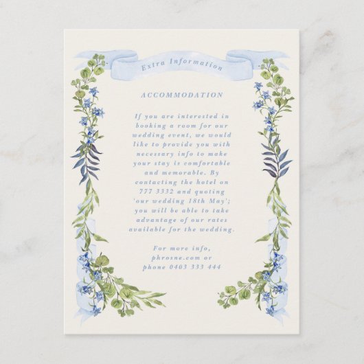 blue and greenery garden crest wreath wedding informatiekaartje (Voorkant)