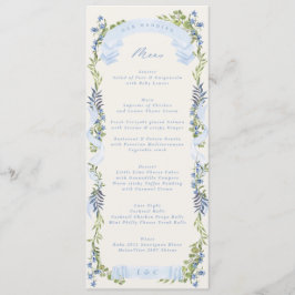blue and greenery garden crest wreath wedding menu