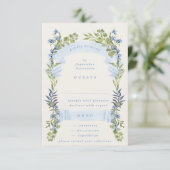 blue and greenery spring elegant wedding RSVP kaartje (Staand voorkant)