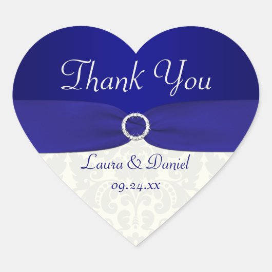 Blue and Ivory Damask Heart Shaped Wedding Sticker (Voorkant)