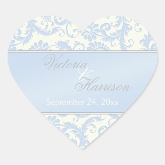 Blue and Ivory Damask Heart Shaped Wedding Sticker (Voorkant)