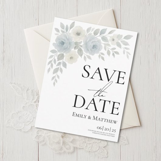 Blue and Ivory Floral Save The Date Aankondigingskaart