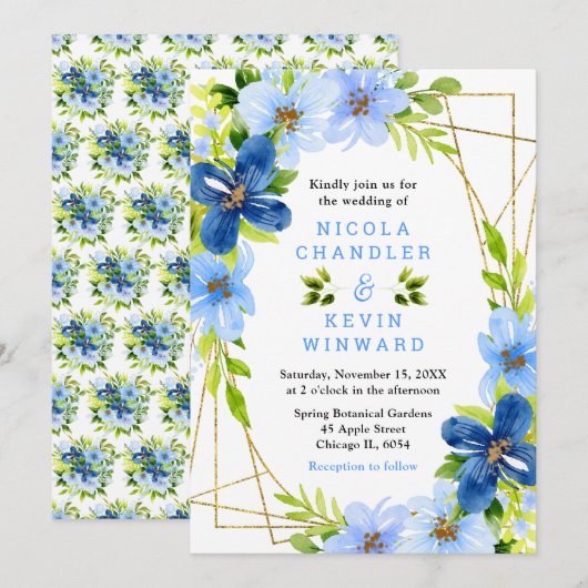 Blue and Navy Flowers with Foliage Wedding Kaart (Voorkant / Achterkant)