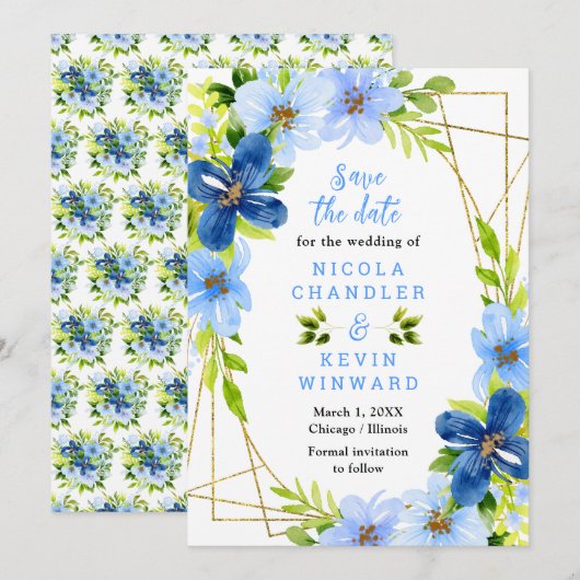 Blue and Navy Flowers with Foliage Wedding Save The Date (Voorkant / Achterkant)