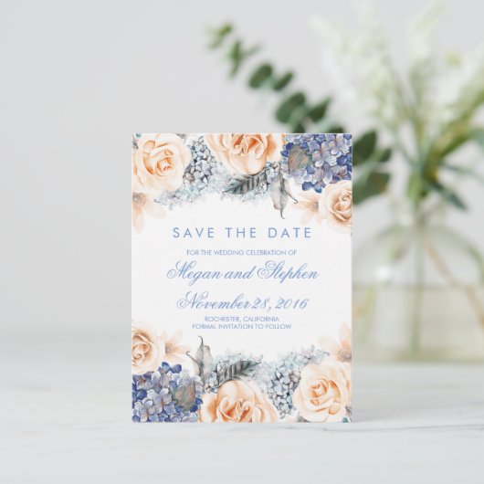 Blue and Peach Flowers Waterverf Bewaar de datum Aankondigingskaart (Staand voorkant)