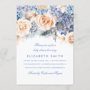 Blue and Peach Waterverf Florals Baby shower Kaart