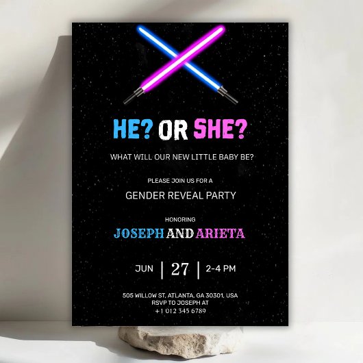 blue and pink gender reveal party invitation