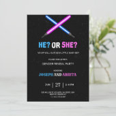 blue and pink gender reveal party invitation (Debout devant)