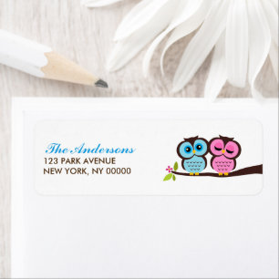 Blue and Pink Owls Wedding Etiket