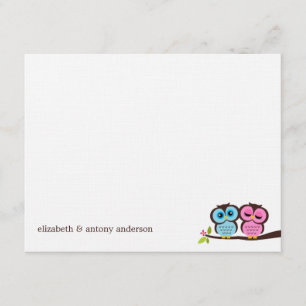 Blue and Pink Owls Wedding Kaart