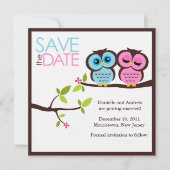 Blue and Pink Owls Wedding Save The Date (Voorkant)