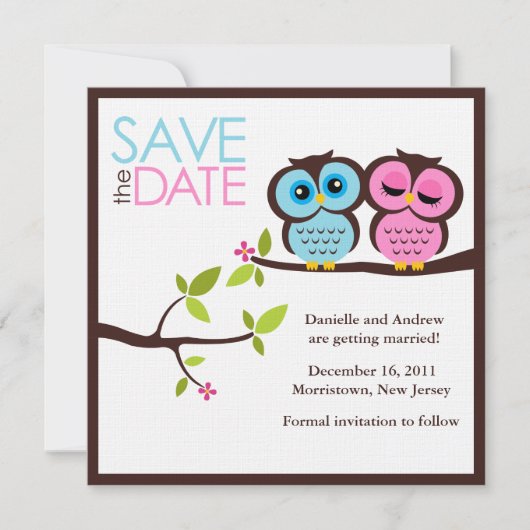 Blue and Pink Owls Wedding Save The Date (Voorkant)