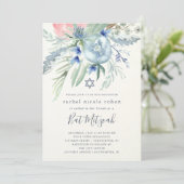 Blue and Pink Peony Bat Mitzvah Kaart (Staand voorkant)