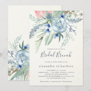 Blue and Pink Peony Bridal Brunch Kaart