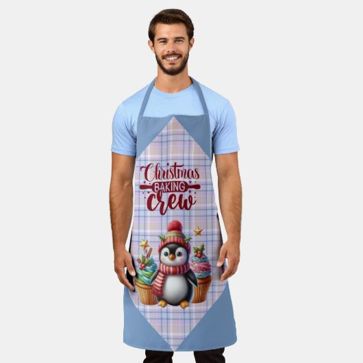 Blue and Pink Plaid Penguin Cupcakes Baking Crew Schort (Gedragen)