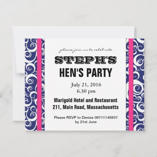 Blue and Pink Swirl Hen Party Invite Kaart (Voorkant)