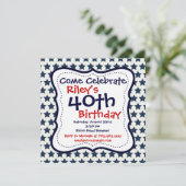 Blue and Red Stars 40th Birthday Party Invitation (Debout devant)