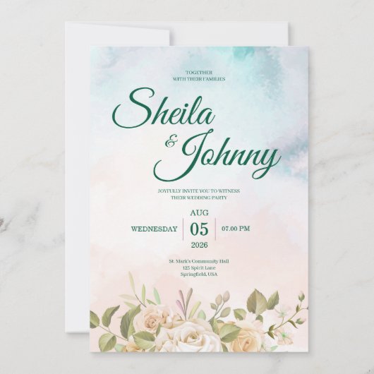 Blue and Salmon Pastel Elegance Wedding Invitation (Dos)