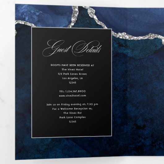 Blue and Silver Agate Wedding Tri-Fold Uitnodiging (Binnenzijde eerst)